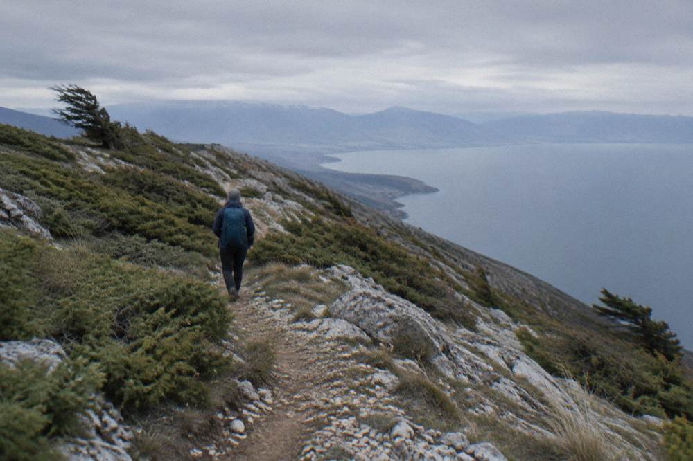 A hiker with a backpack walking a dirt trail through low mountain vegetation