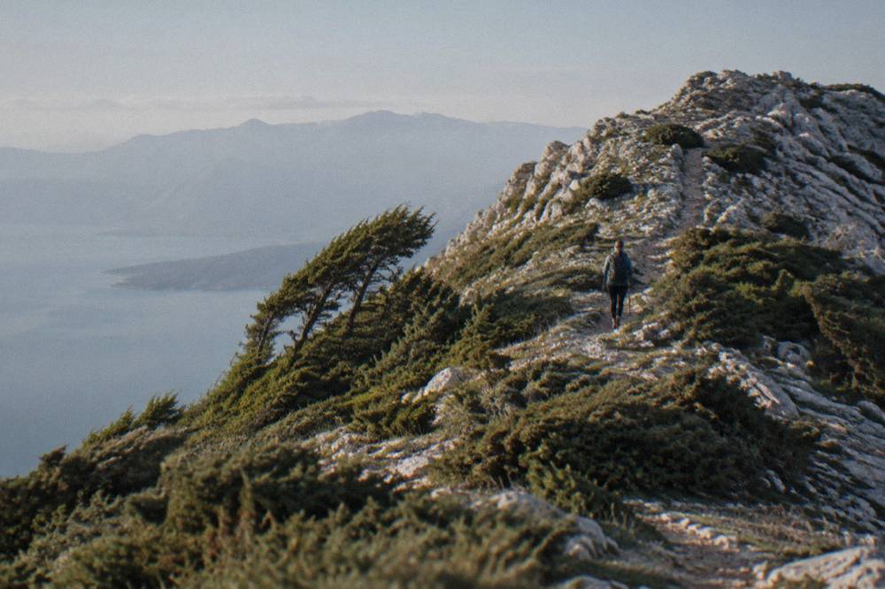 A marked mountain path climbing through low juniper shrubs toward a rocky summit