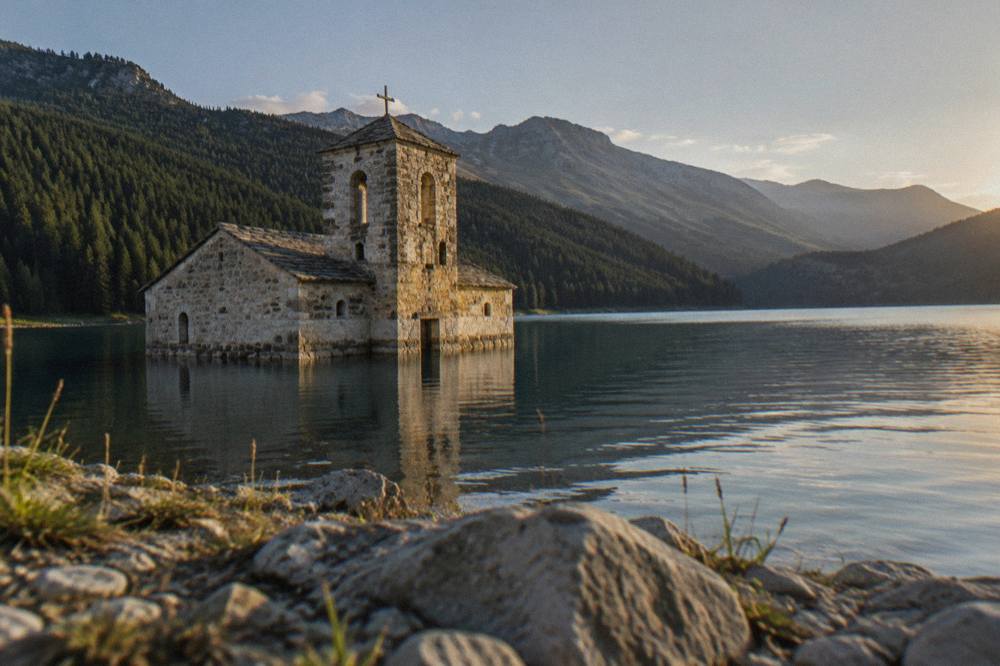 A stone church partly submerged at the edge of a calm reservoir
