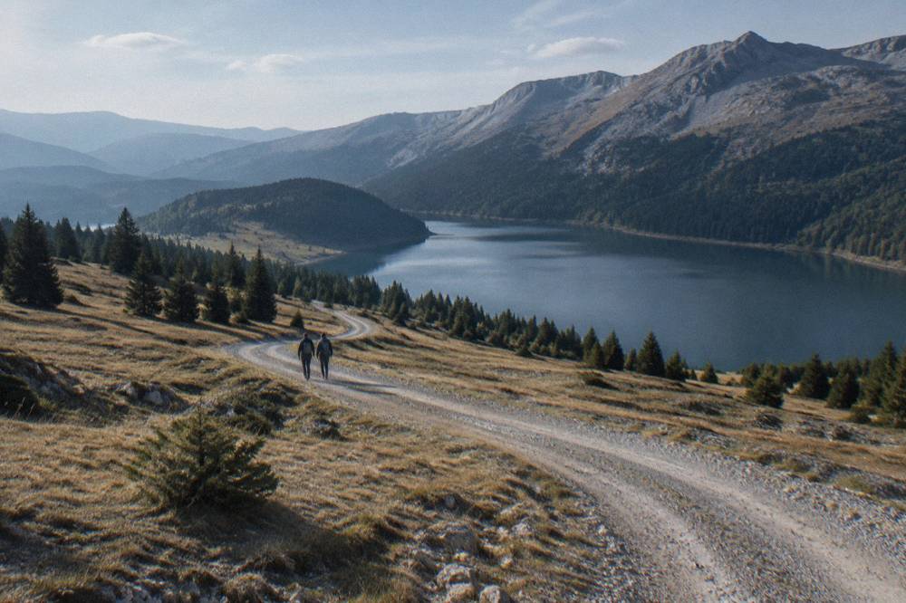 A gravel mountain road curving through open grassland toward a ridge