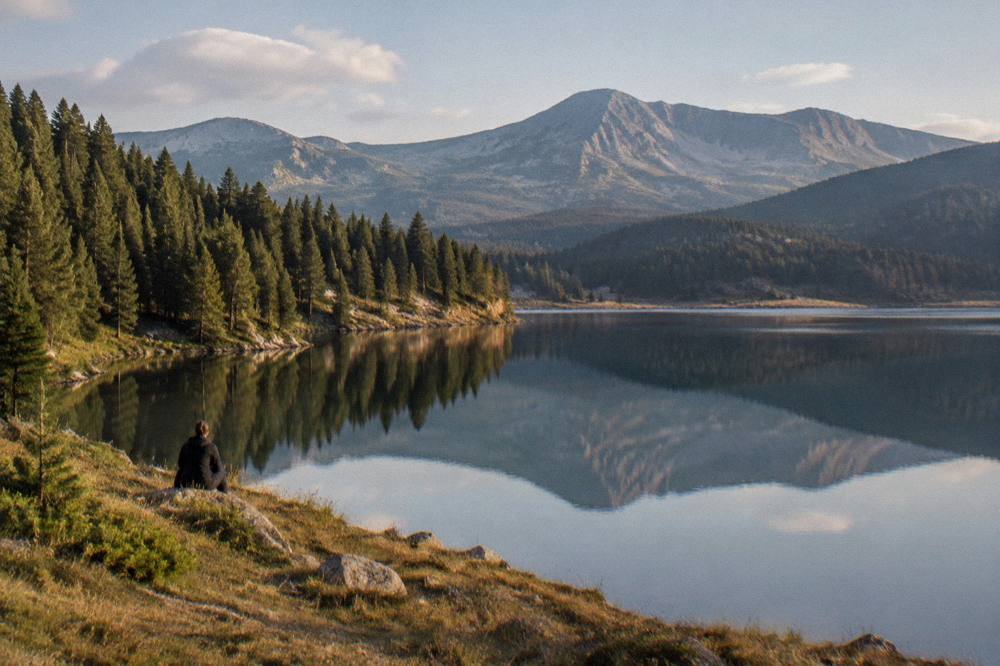 Still water reflecting pine trees and a distant ridgeline
