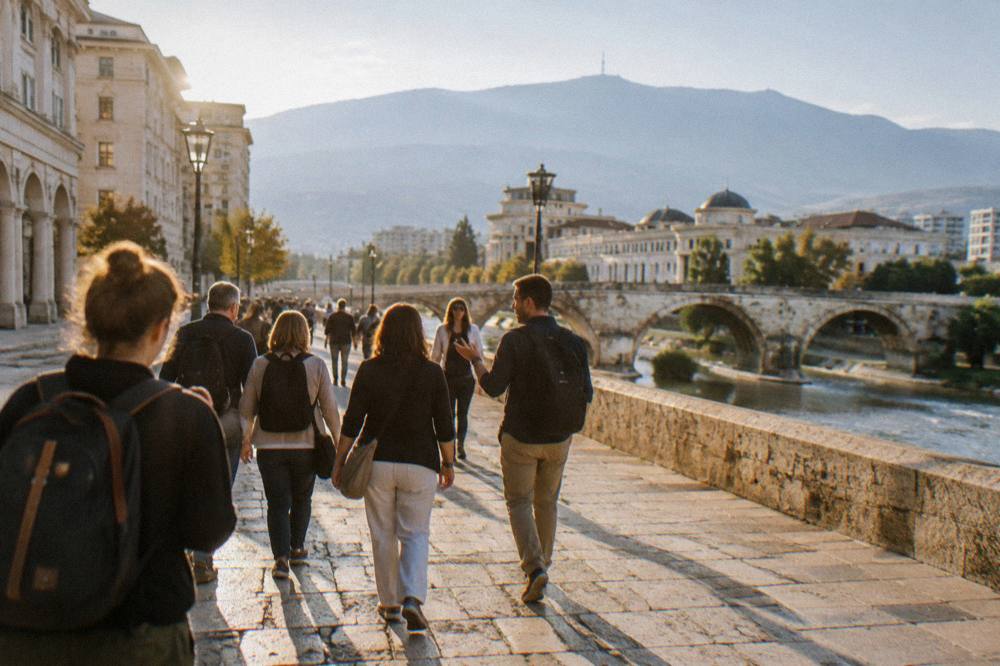 A guided group of visitors walking together on a stone street in an old town