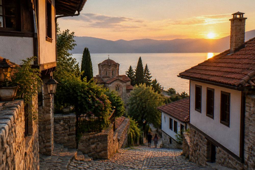 Sunset over Lake Ohrid seen from the Struga shore with the water turning gold