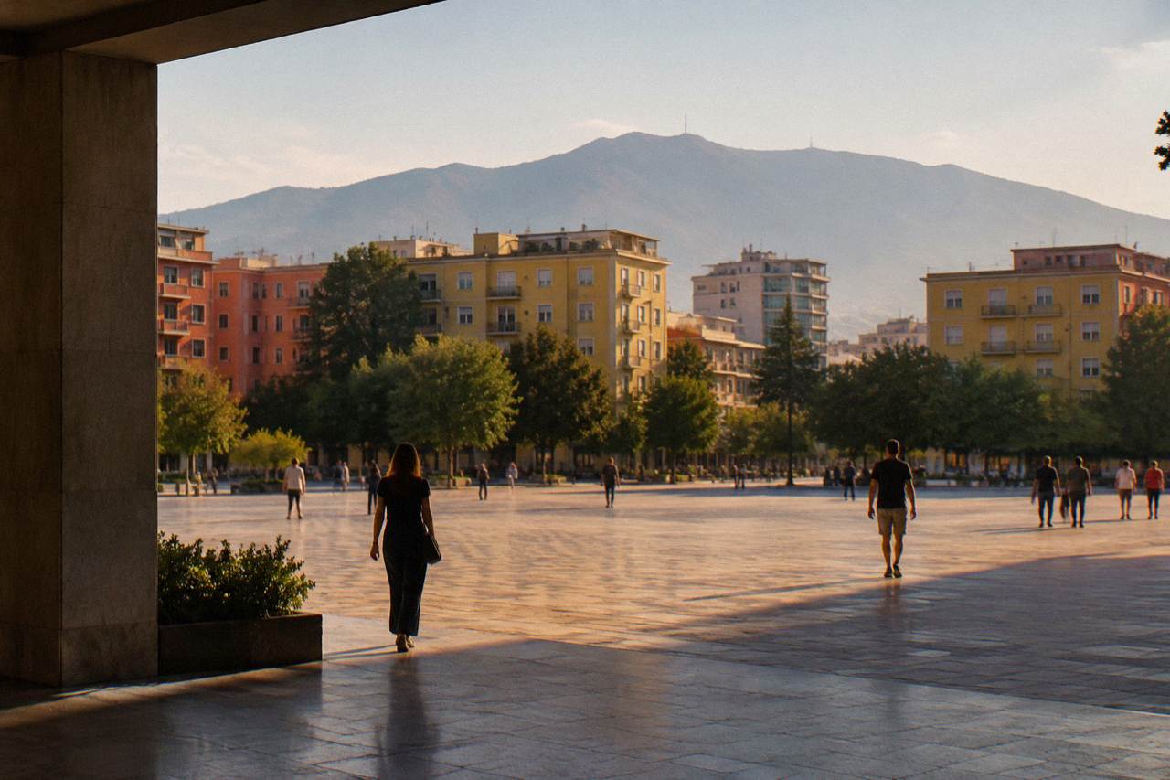 A broad city square in Tirana with brightly painted apartment blocks and a mountain ridge beyond the rooftops