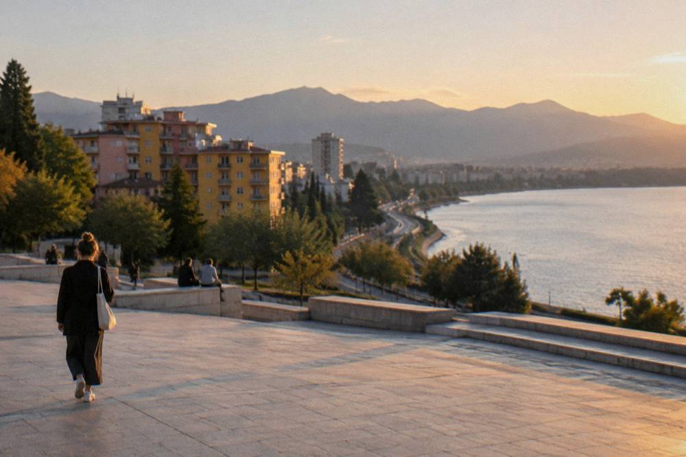 A winding road along a lakeshore with hills rising above the water