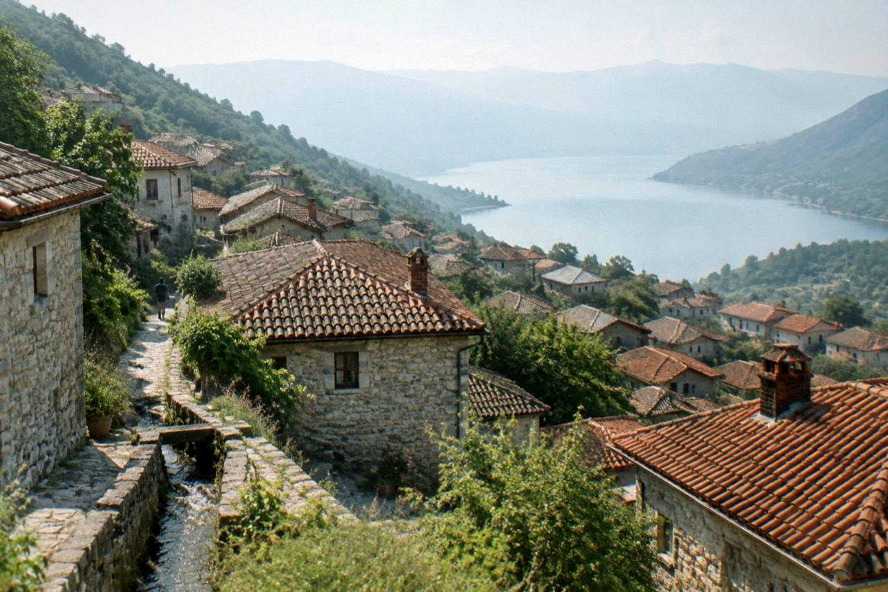 A mountain village of tiled roofs stacked on a green hillside above a narrow valley
