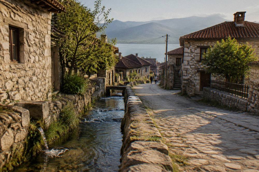 A clear stream running through a stone-lined channel beside a village path