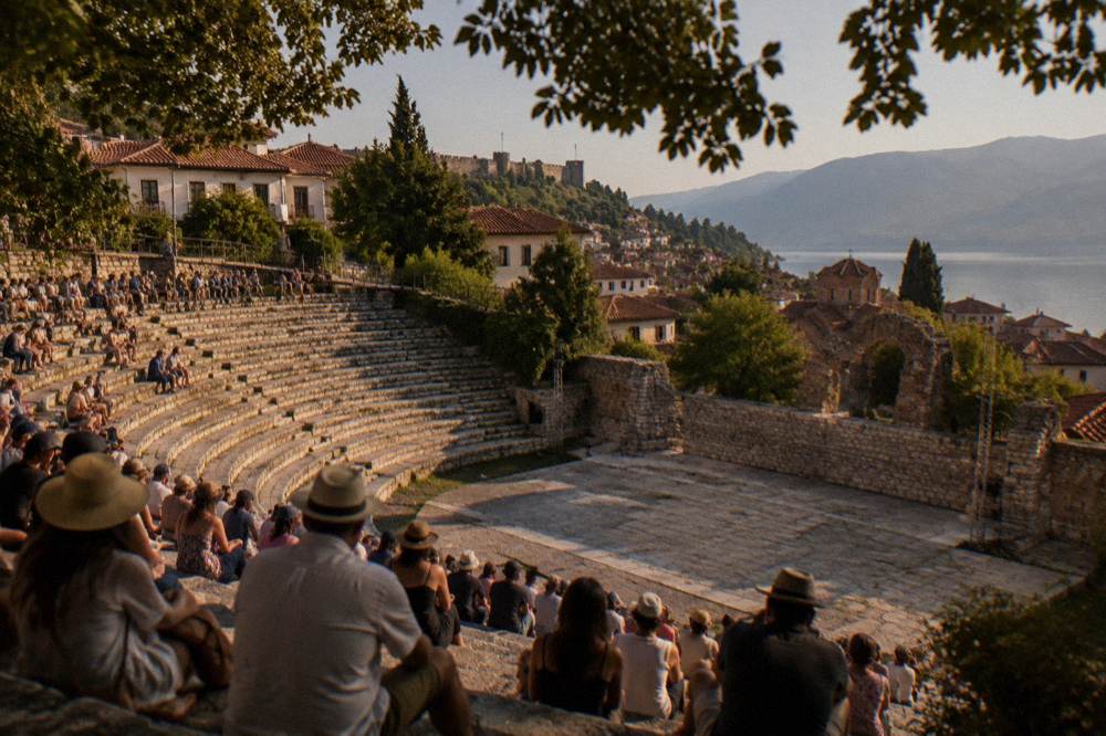 Evening crowd gathered for a performance at the Ancient Theatre of Ohrid