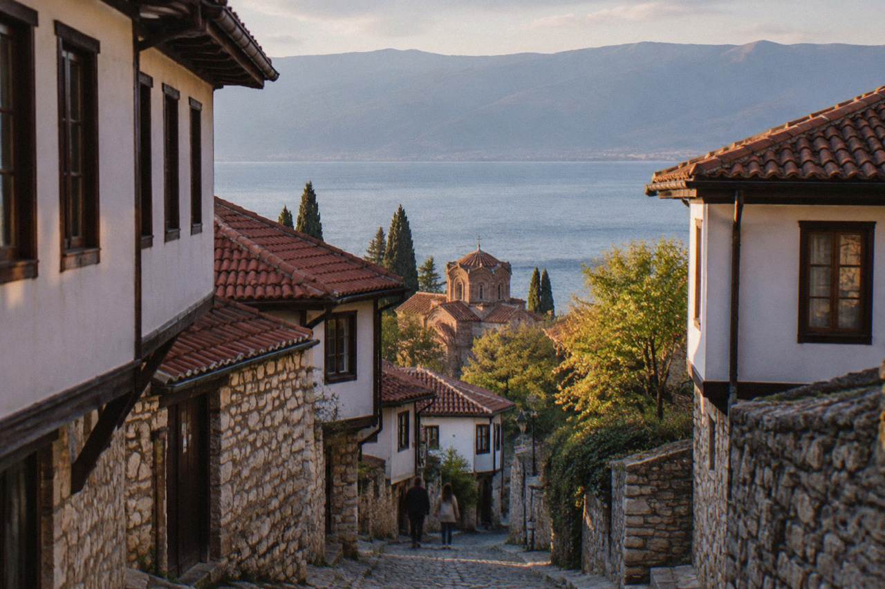 Stone houses of Ohrid old town rising above the blue water of Lake Ohrid