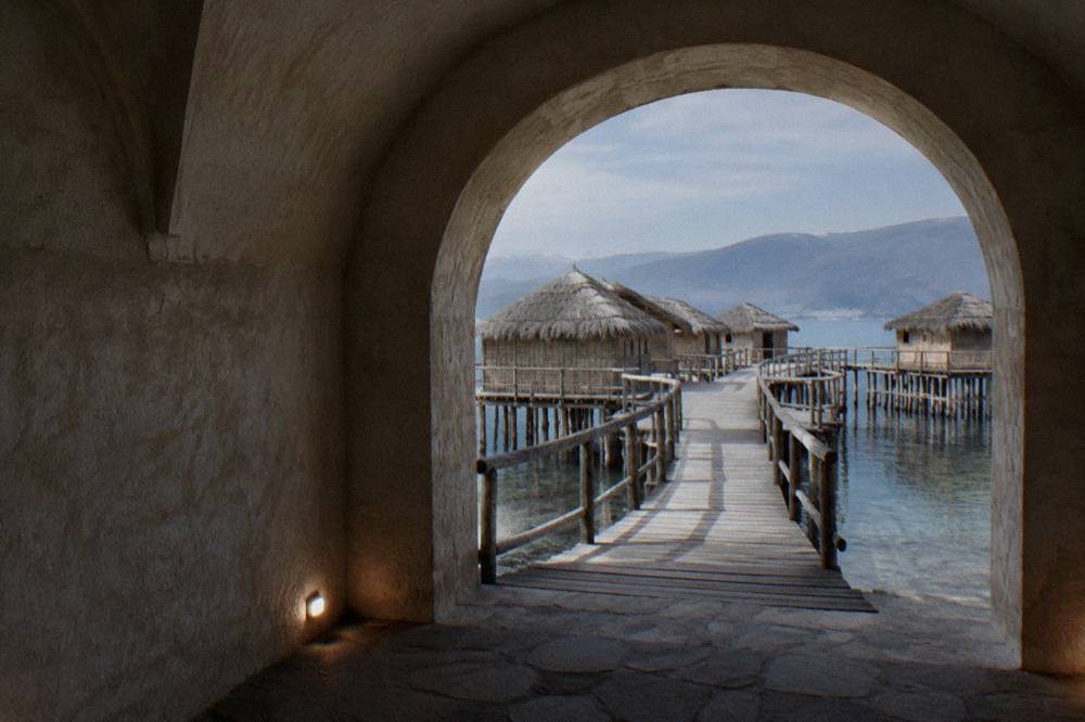 Wooden walkway of the Bay of Bones museum on stilts above Lake Ohrid