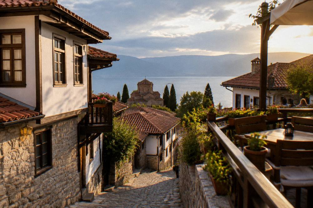 Guesthouse terraces above the old town lanes of Ohrid at golden hour
