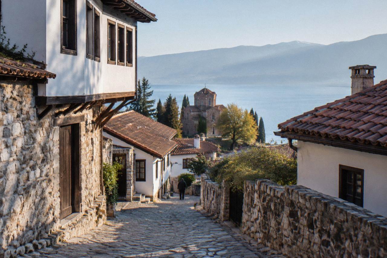 Stone houses and a church tower above the shoreline of Lake Ohrid in calm morning light
