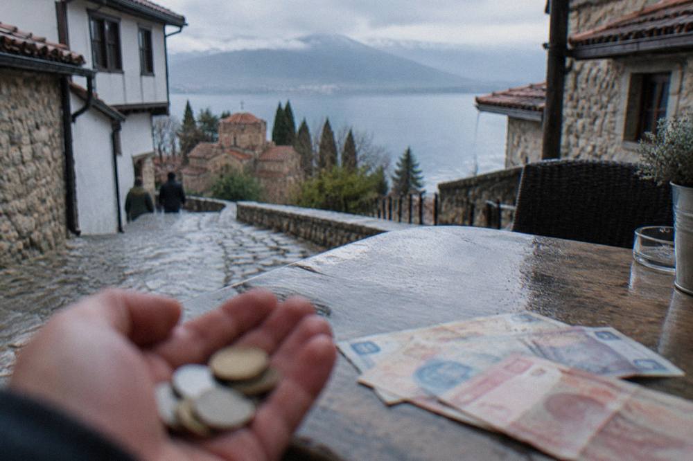 Denar banknotes spread on a cafe table beside a lake view in Ohrid