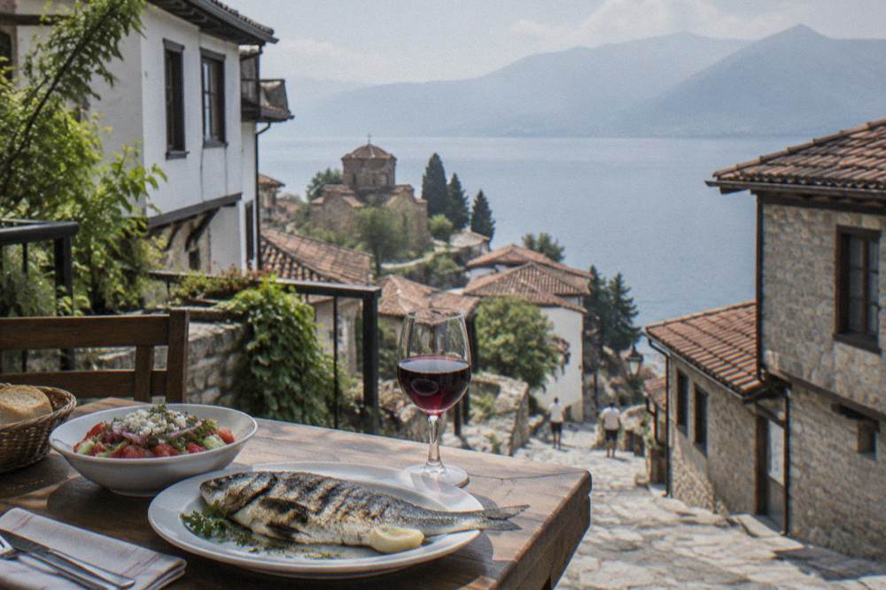 A table with grilled fish, salad and a glass of red wine on a terrace above Lake Ohrid