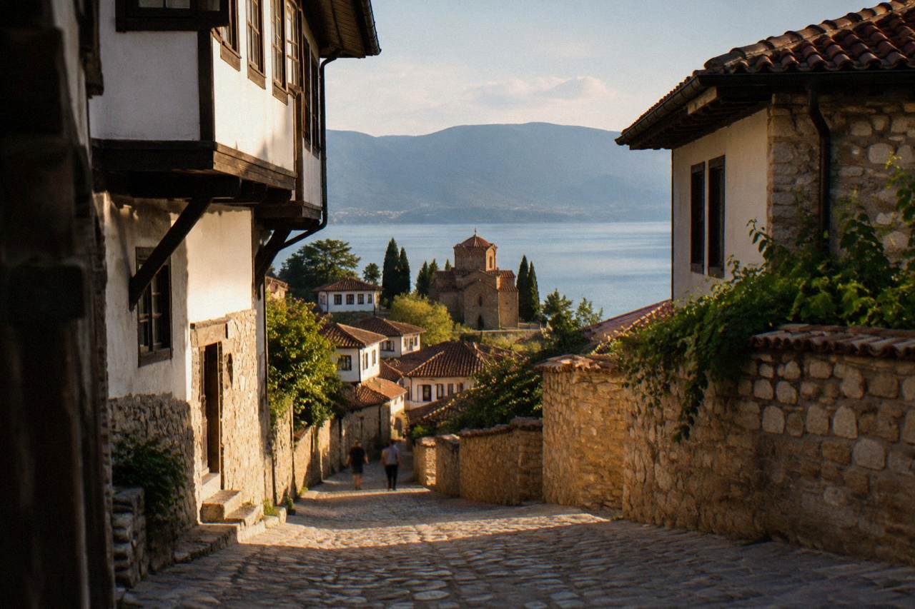A stone-paved lane in Ohrid's old town rising toward the fortress walls above the lake