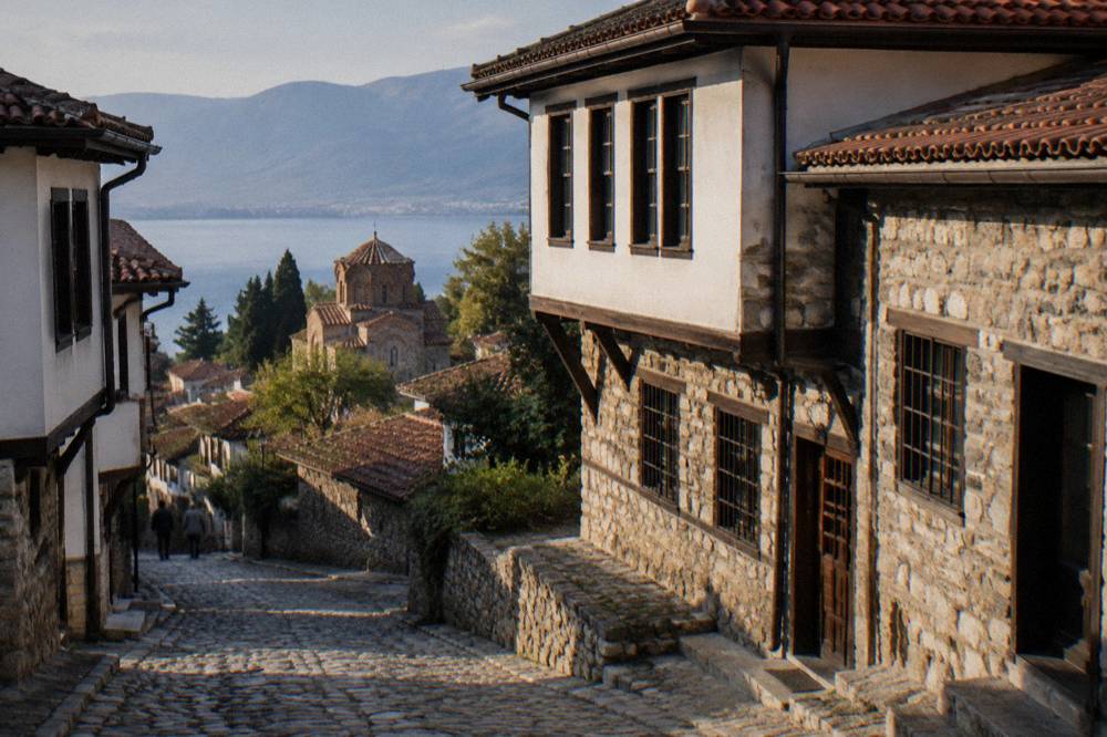 The stone facade of a museum house on a street in Ohrid's old town