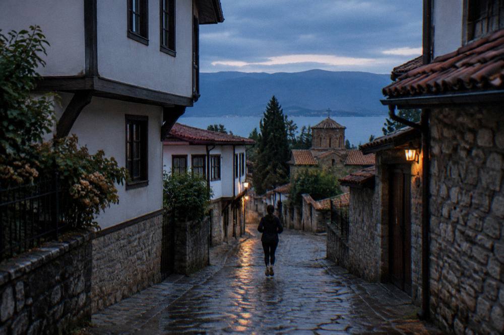 Wet cobblestones glistening in an Ohrid old town lane after rain