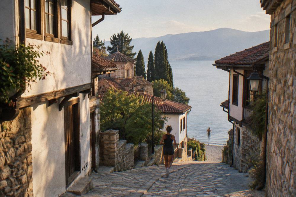 A swimmer entering deep clear water from a pebble shore on Lake Ohrid
