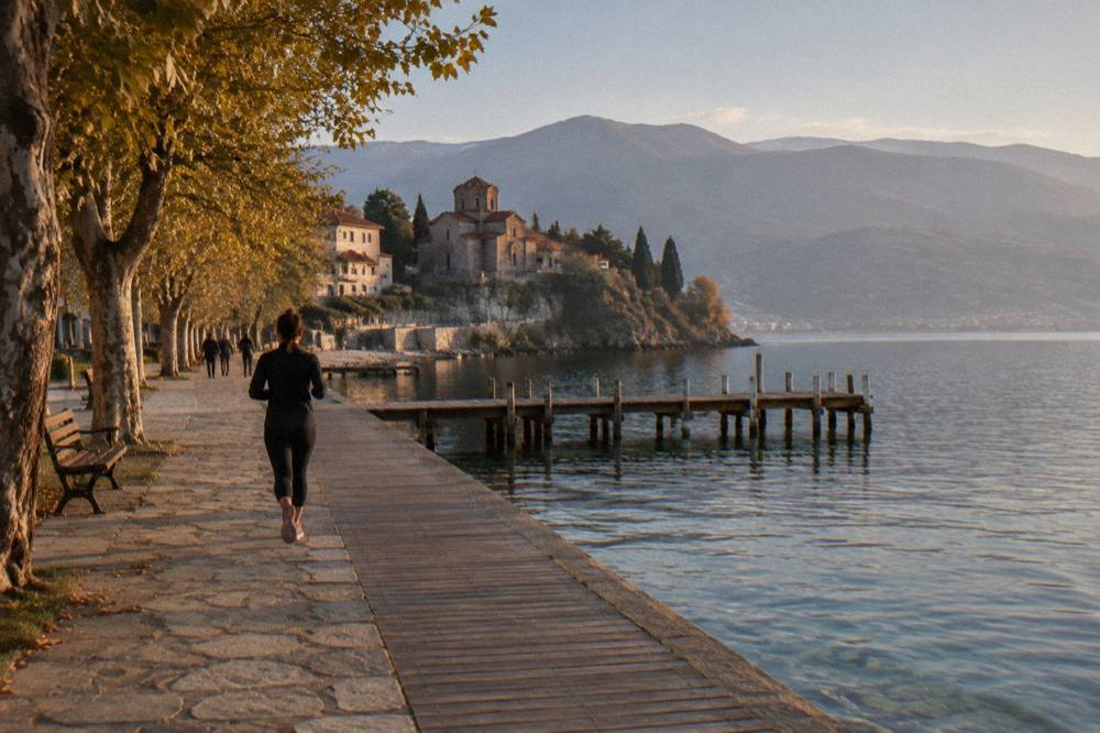 A wooden pier extending into clear green water near monastery buildings at the south end of Lake Ohrid