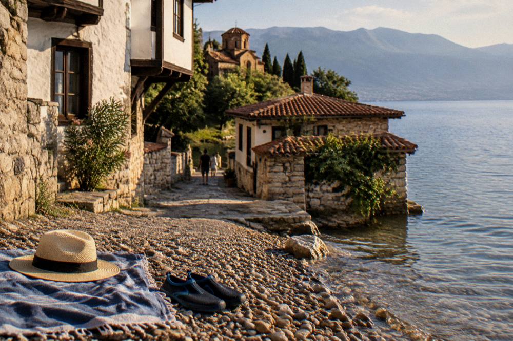 A towel, swim shoes and a sun hat on pebbles beside the edge of Lake Ohrid