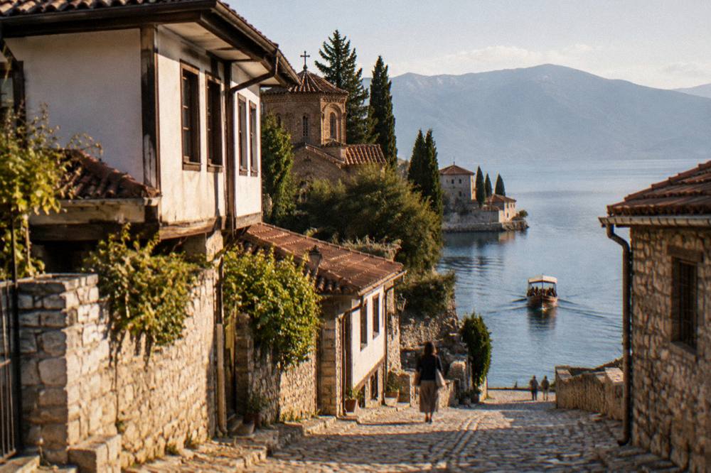 A wooden boat approaching a lakeside monastery at the southern end of a blue lake
