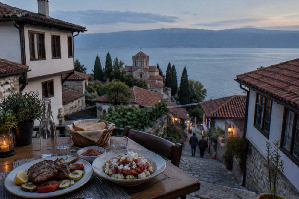 A table of grilled food and salad at a restaurant terrace above the lake