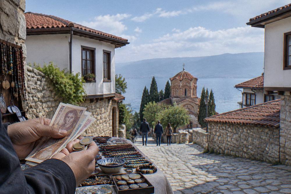 Denar banknotes and coins held over a market stall table in Ohrid