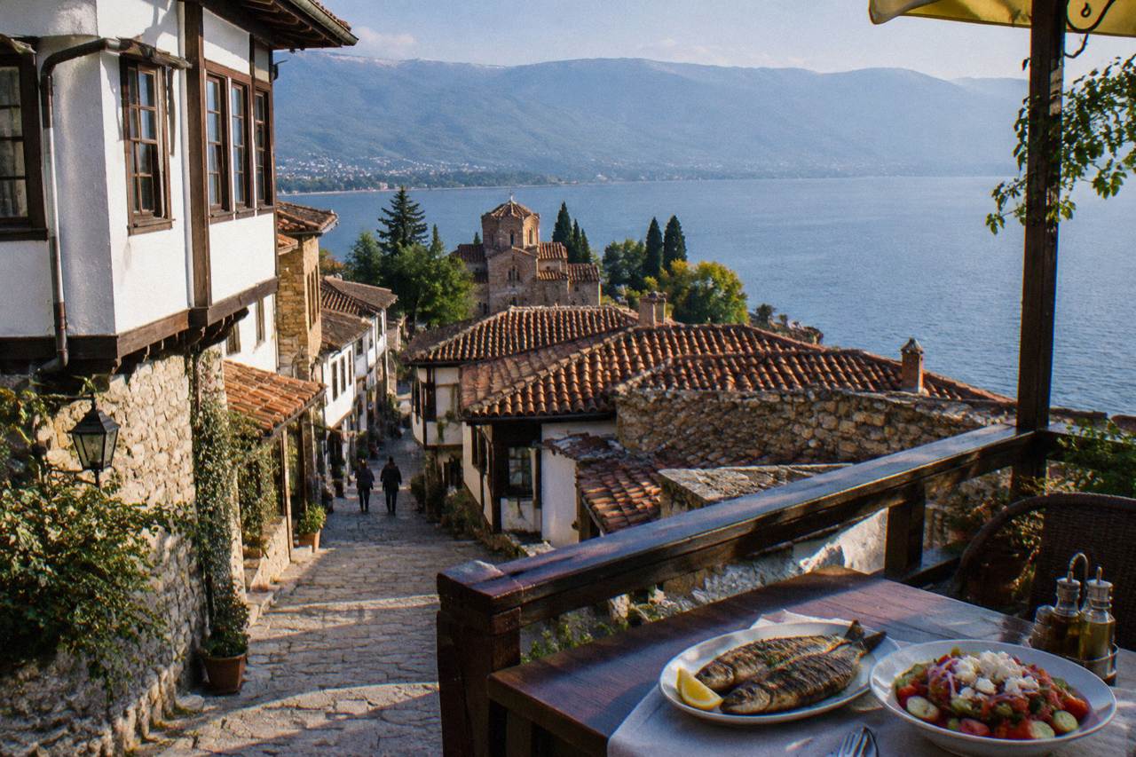 A restaurant terrace above Lake Ohrid with a table of grilled fish and salad