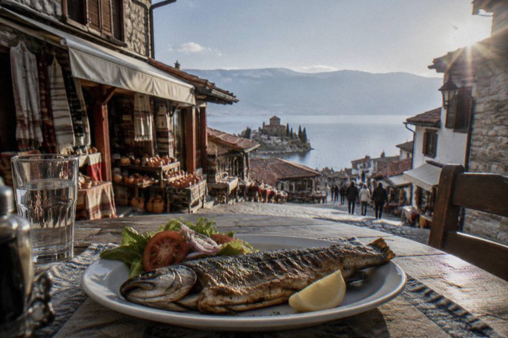 A whole grilled trout on a plate with lemon and salad at a lakeside table