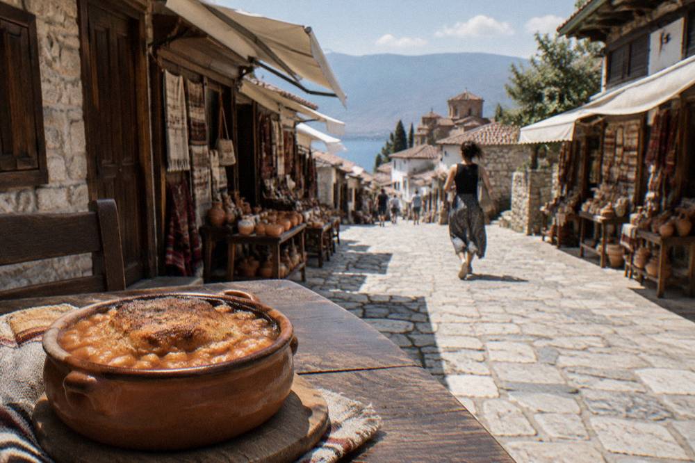 A clay pot of baked beans with a crusty top on a rustic table