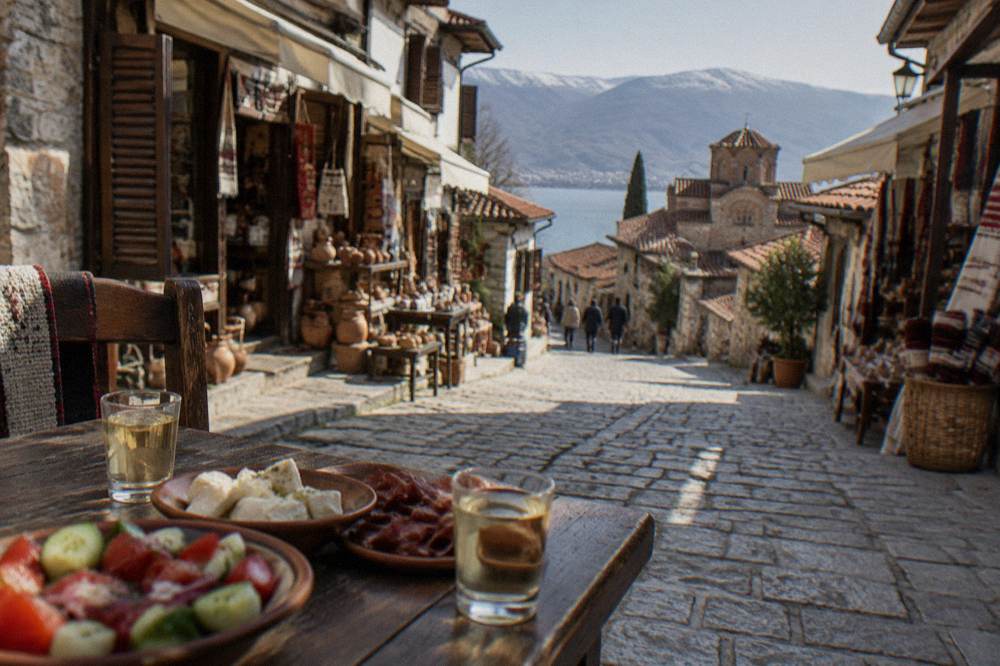Small plates of salad, cheese and cured meat with glasses of rakija on a wooden table