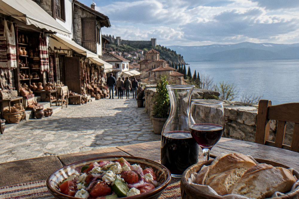 A lakeside table in the evening with bread, salad and a carafe of red wine