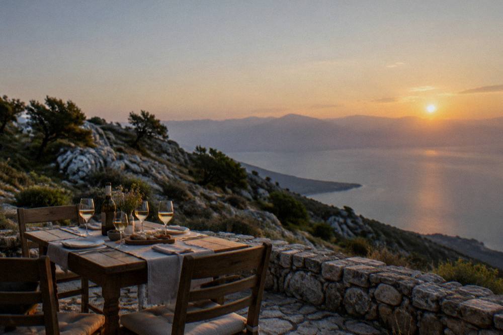 An evening table with wine glasses set on a stone terrace above the lake at dusk