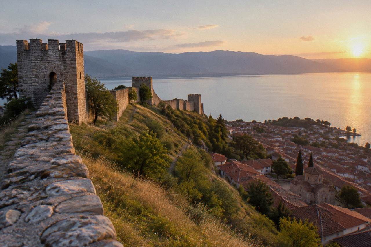 Stone walls of Samuel's Fortress above the old town and Lake Ohrid at dusk
