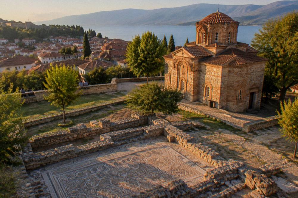 Excavated basilica mosaic floors in the open air at Plaosnik