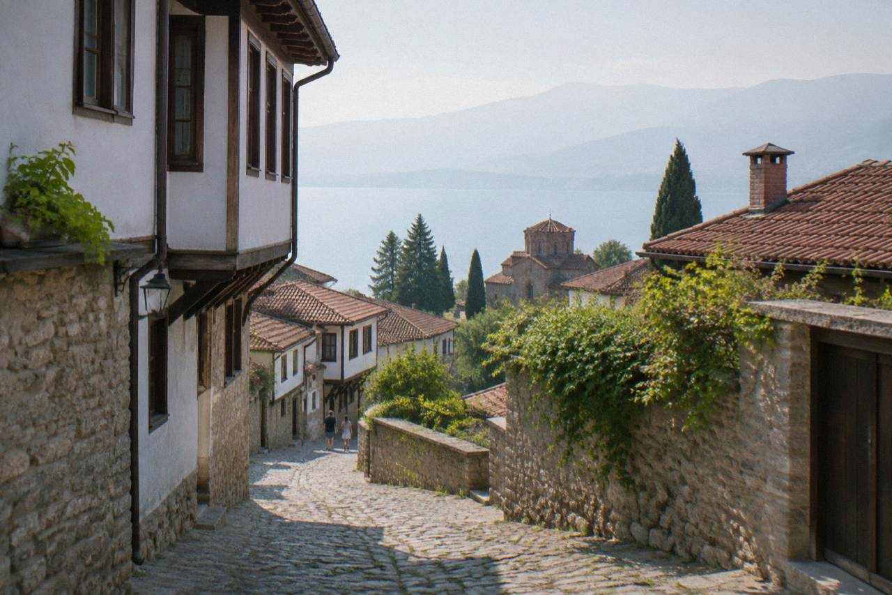 A quiet lane of stone houses climbing the hillside above Lake Ohrid in the old town
