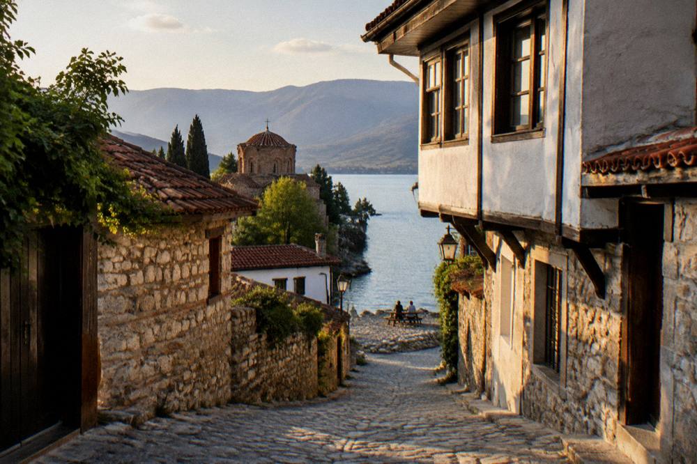 A picnic spot on the stony shore of Lake Ohrid with clear water at the edge