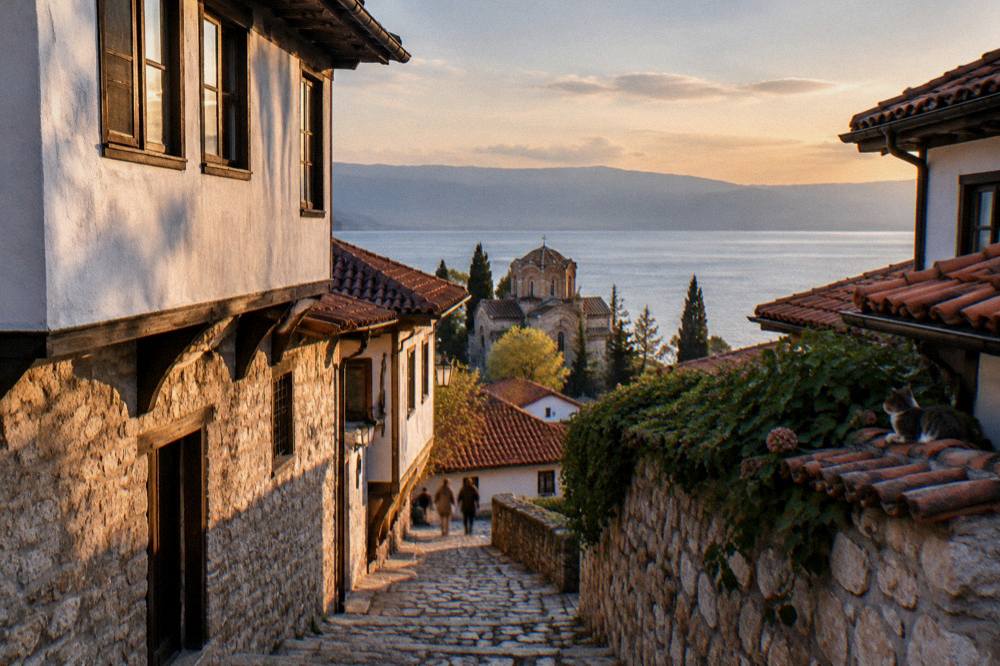 Sunset colours over Lake Ohrid seen from the shoreline near the old town