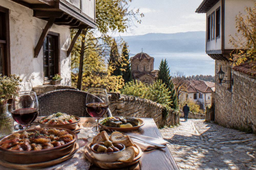 A table with Macedonian wine glasses and autumn dishes in an Ohrid restaurant