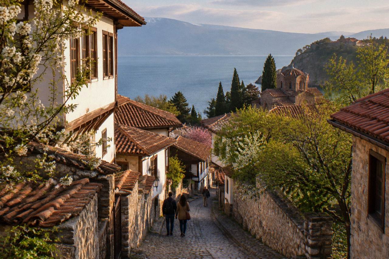 Ohrid old town rooftops above the blue water of Lake Ohrid in spring
