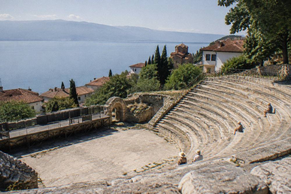 The empty stone seats of the Ancient Theatre of Ohrid in spring light