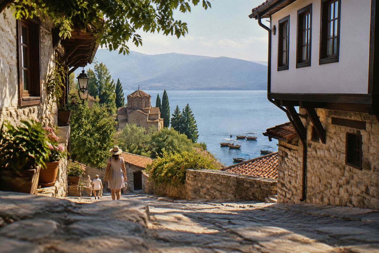 Wooden boats moored on the clear water of Lake Ohrid below the old town of Ohrid