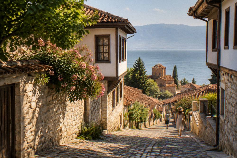 Evening light over the terracotta roofs of Ohrid old town and the lake beyond