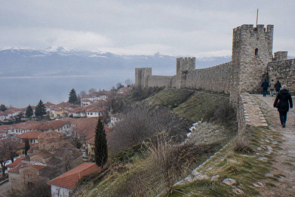 Samuel's Fortress walls above Ohrid under a pale winter sky