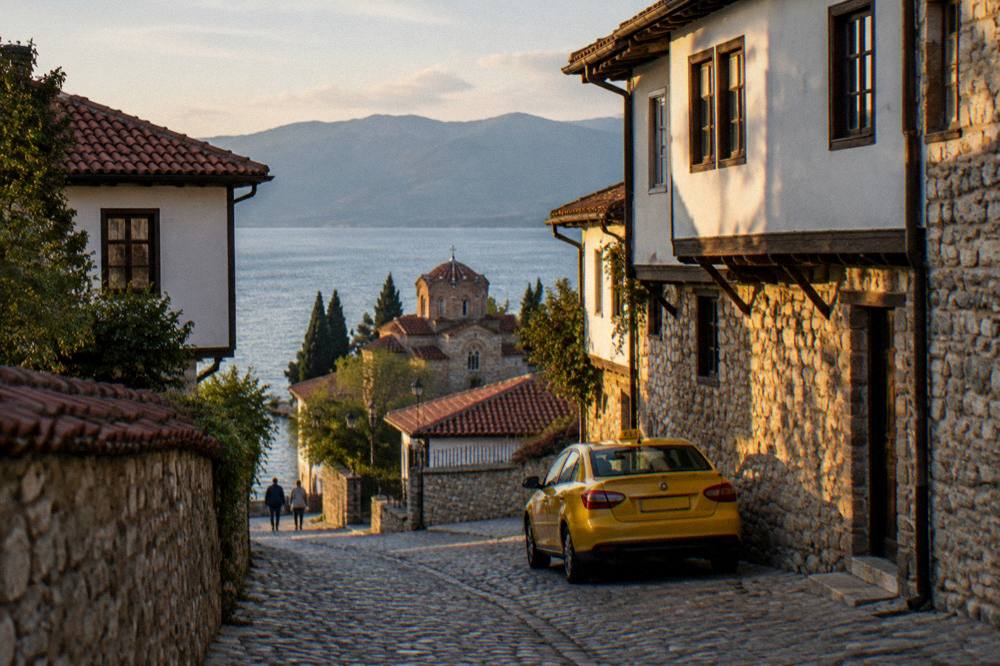 A taxi waiting on a lakeside street in Ohrid beside old stone buildings