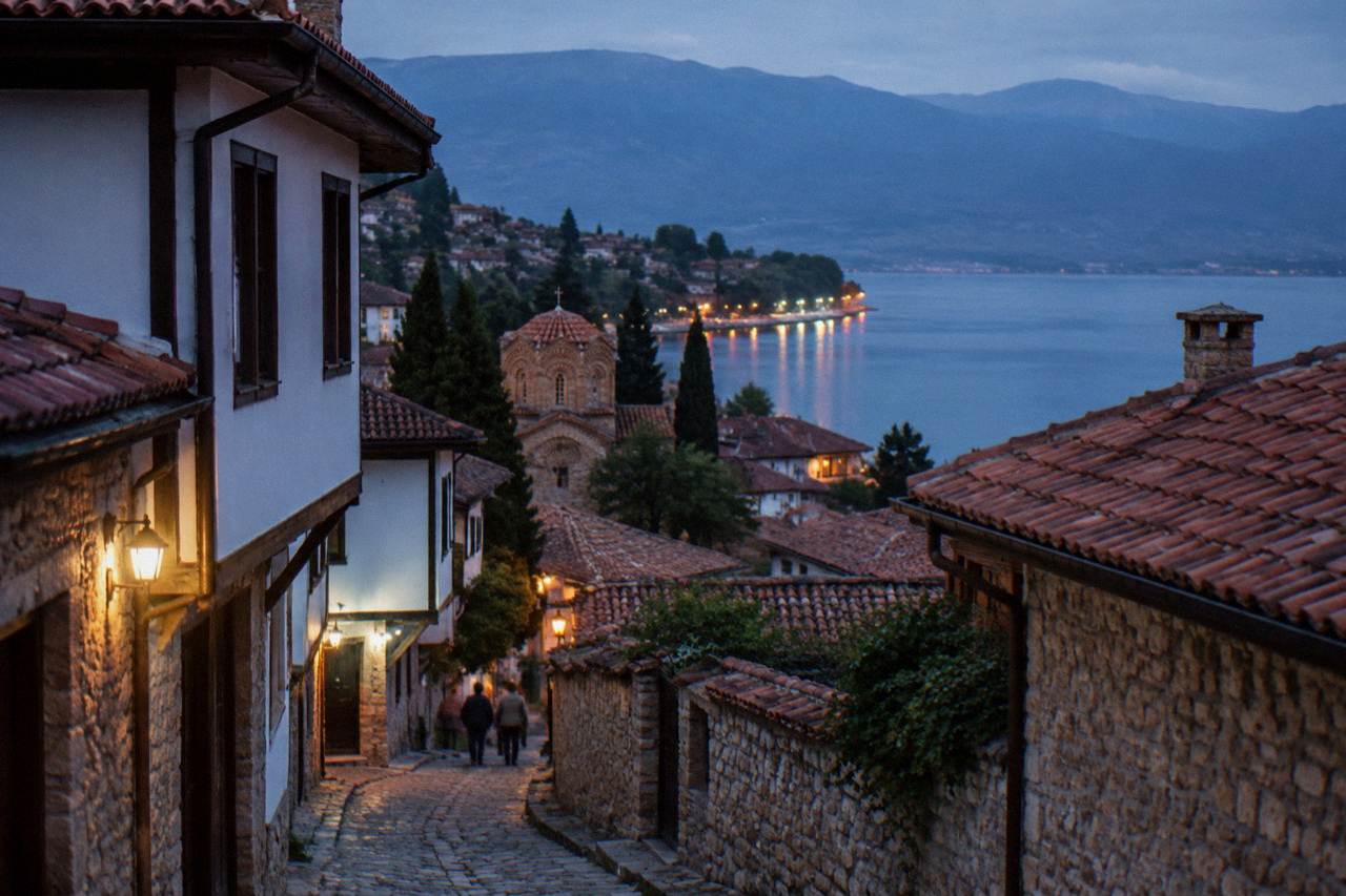 Twilight over the old town of Ohrid with the lake shore lit by warm lights