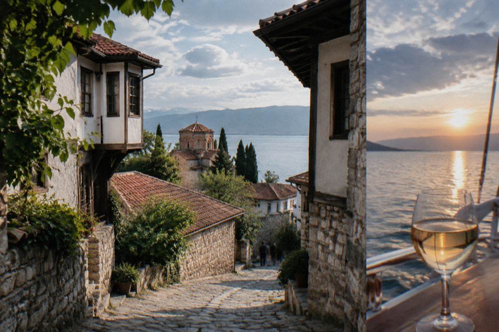 A glass of wine on a boat deck as the sun sets over Lake Ohrid