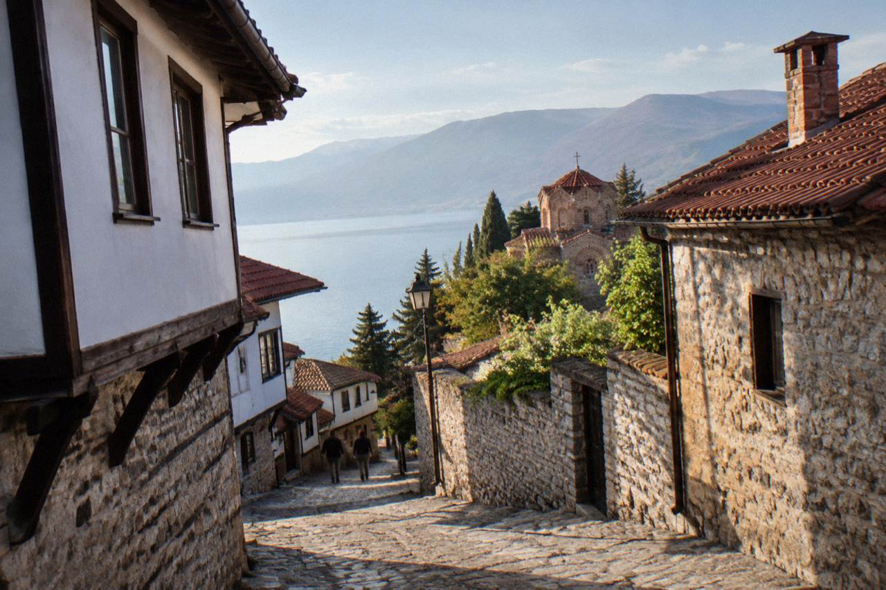Narrow stone street in Ohrid's Old Town climbing from the lake toward the fortress walls