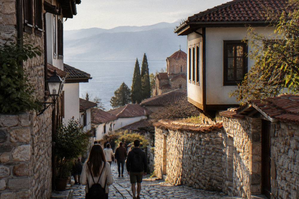 Visitors walking a cobbled lane in Ohrid past old stone houses