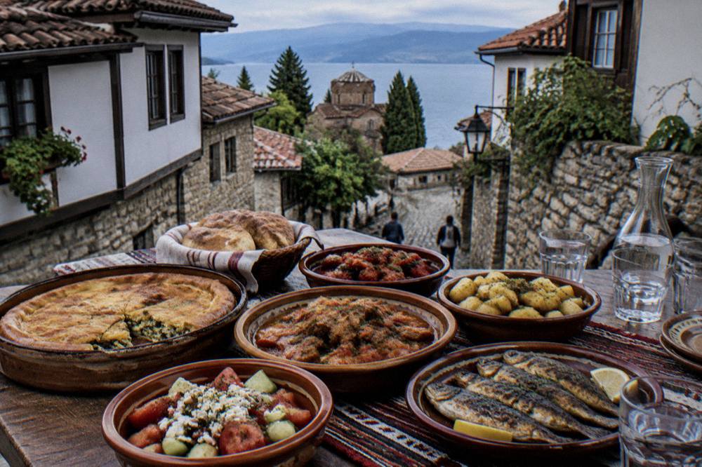 A table of Macedonian dishes prepared during a cooking class in Ohrid